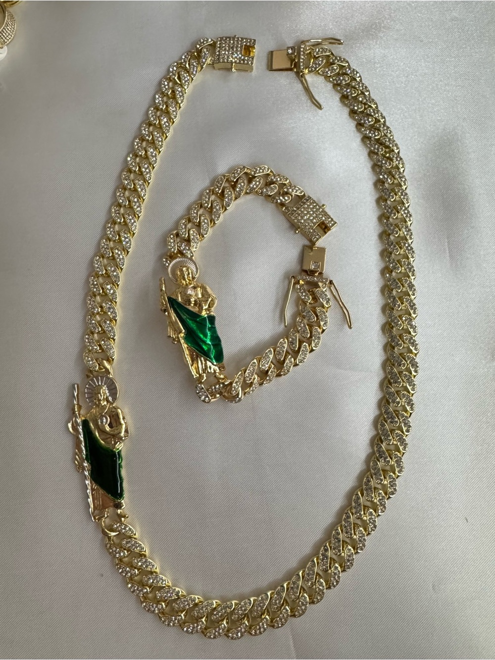 14K Laminated Saint Jude Green Enamel Cuban Link Necklace & Bracelet Set